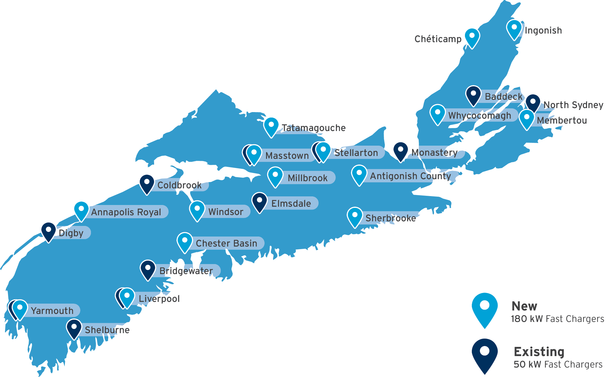EV Network Announcement Map Nova Scotia Power EV fast charging network of old and existing chargers